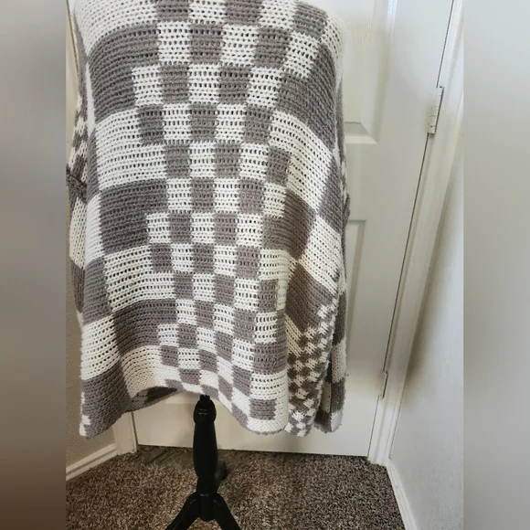 TALULAH Checkered Open-Front Cardigan - Brown and Cream S - Picture 11 of 12